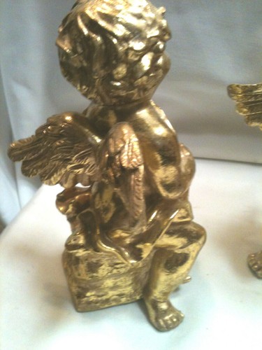 2 cherub angel statue figure baby angel guitar Gold Look 6 1/2" decor - Picture 3 of 7