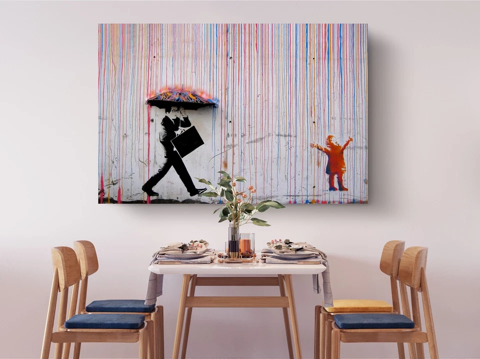 Impresión en lienzo de lluvia color Banksy - arte de pared listo para colgar para decoración del hogar Foto 3 de 4