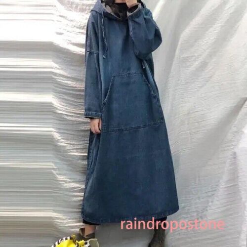 Herbst Retro Kleid Damen Vintage locker Denim Kapuze Langarm Freizeitkleid - Bild 2 von 12