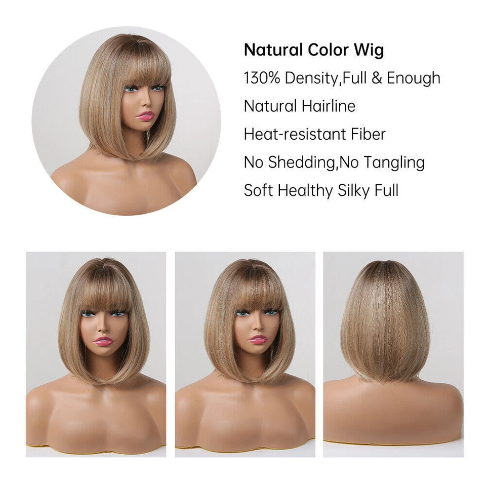 Short Straight Bob Synthetic Wigs with Bangs Brown Blonde Daily Wig for Women - Image 3 of 4