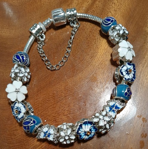 Boapan 15 X 925 Blue & White Enàmel/Jewel Beads Snake Charm & Safety Chain 21cm