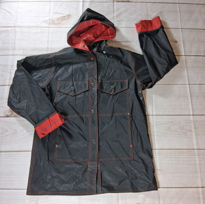 Rainskins Vintage 1980s Hooded Vinyl Raincoat Womens Size L Black Snap Front