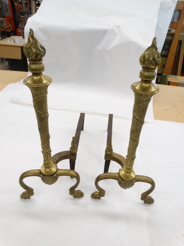 Antique Cast Brass Neoclassical Torchiere Flame Top 21" Fireplace Andirons