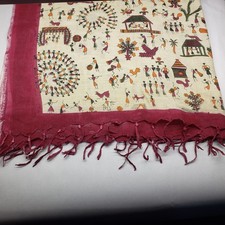 Silk Scarf Shawl Wrap Stole Dupatta Madhubani Multicolor Tasseled Soft Warm