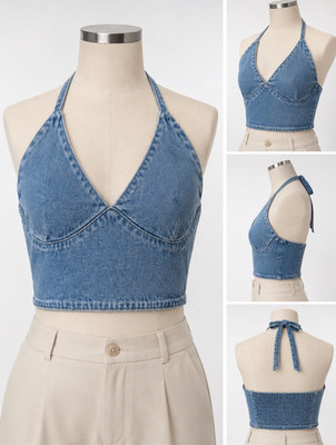 Zeo Basic Damen Denim Neckholder Crop Top Blau M, Bauchfrei, Ärmellos