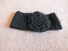 Beautiful Knit Headband Ear Warmer Black Flower 20 x 3" Unstretched