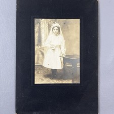 Antique Cabinet Card Photo Young Girl Holy Communion Rosary Bible Candle Dress