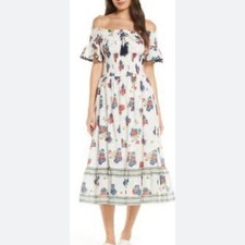 NWT Tory Burch Meadow Folly Viole Cream Floral Smocked Casual Dress Sz M