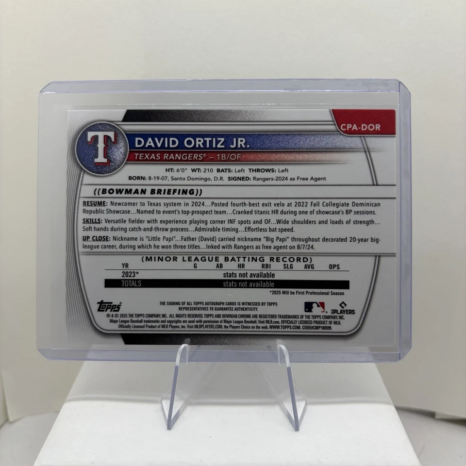 2025 Bowman Chrome David Ortiz Jr 1-й автоматический переливающийся попкорн 4/5 Texas Rangers - Изображение 3 из 3