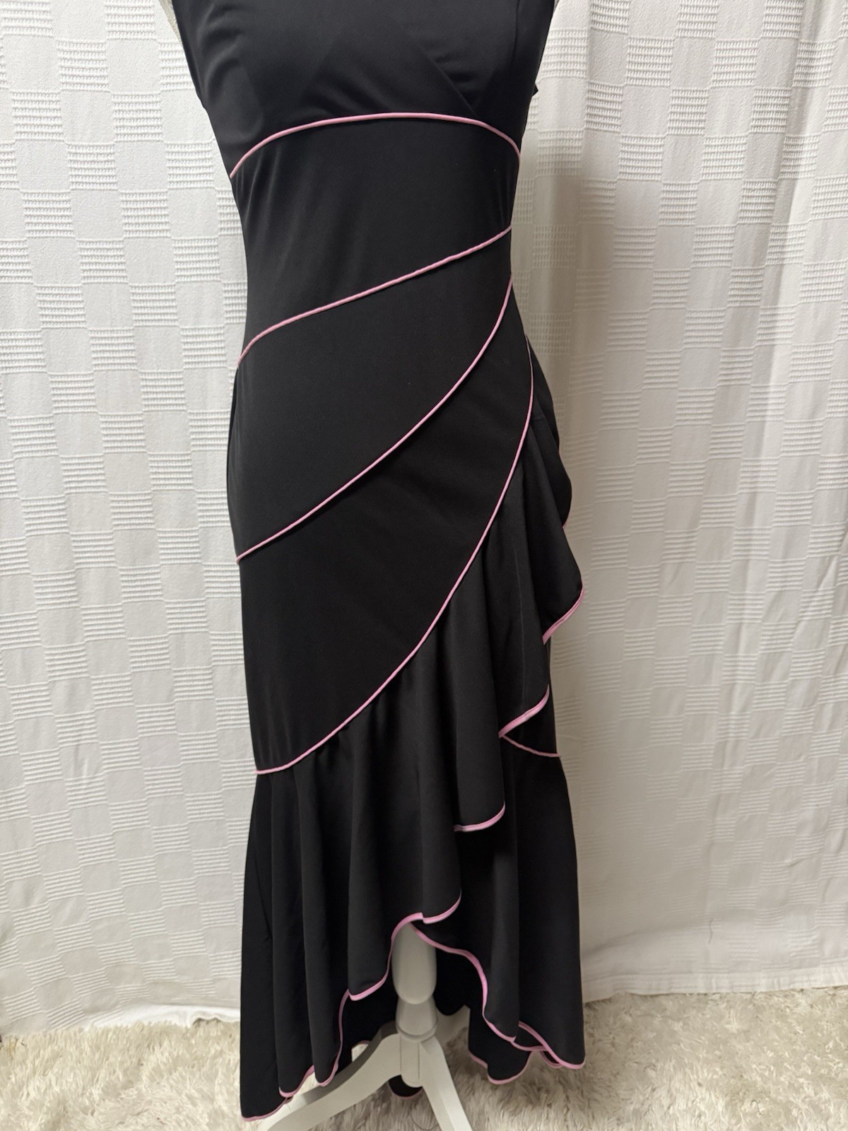 VTG Y2K Blondie Nites Halter Dress Women Sz 5 Black Ruffles With Pink Detailing 