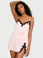 Satin Lace-Trim Mini Slip Dress Size M Pink