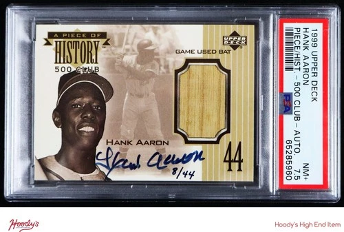 1999 UD A Piece of History 500 Club Hank Aaron GAME-USED BAT AUTO 08/44 PSA 7.5