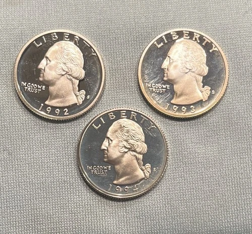 3 Proof Washington Silver Quarters - 1992 S, 1993 S and 1994 S