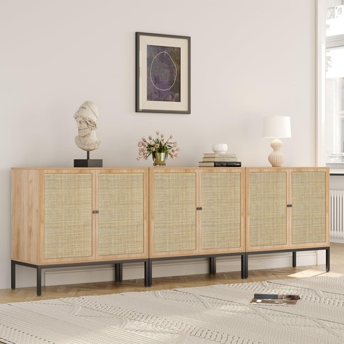 Set of 3 Sideboard Cabinet with Natural Rattan Decorated Square Doors, Rattan...