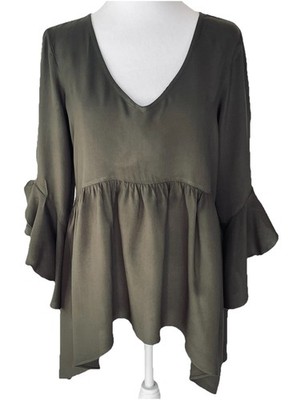 Cupio Goth Top Olive Green Blouse Boho  Flutter Sleeve Sway Hem Whimsy Size M
