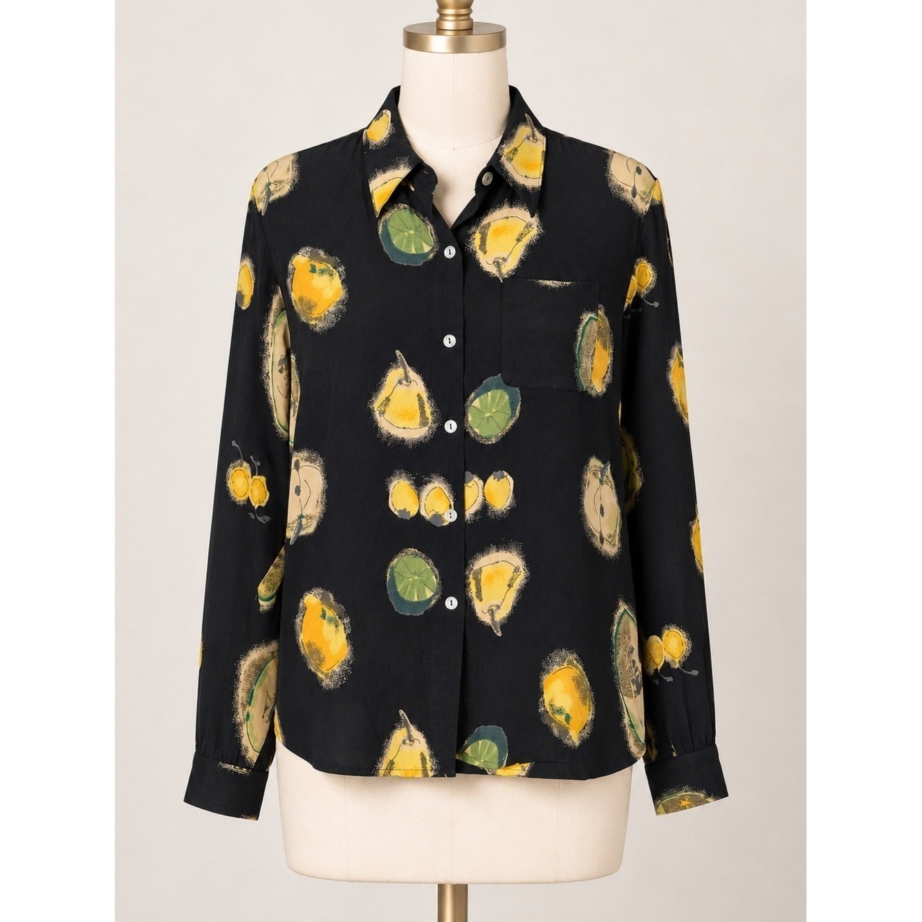 VANTANA Vintage Silk Fruit Print Blouse M Black Novelty Button Up Artsy Office