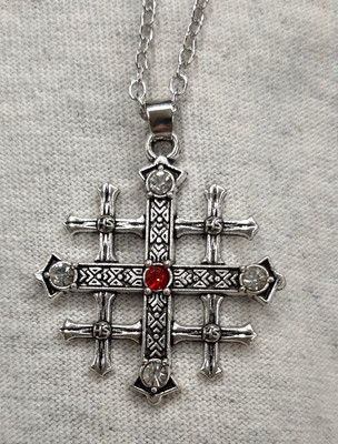 Unique Textured Red White Beaded Rhinestone Jerusalem Cross Silvertone Necklace