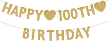 Gold Happy 100Th Birthday Banner, Glitter 100 Years Old Woman or Man Party Decor