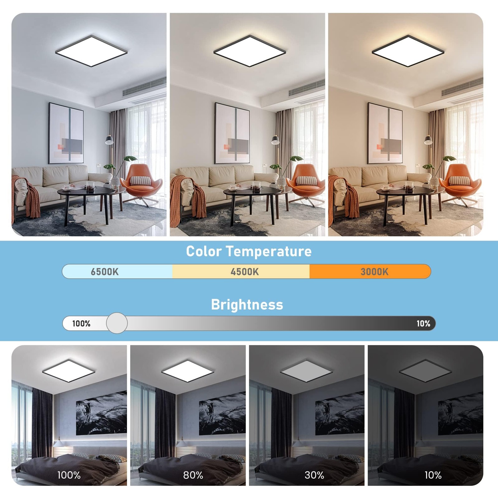 Plafonnier LED carré pour salon moderne, luminaire de plafond à intensité variable - 2