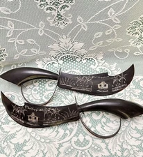 Swords Horn 21” Asian Decor Etched Hut Trees Set of 2  Vintage Philippines