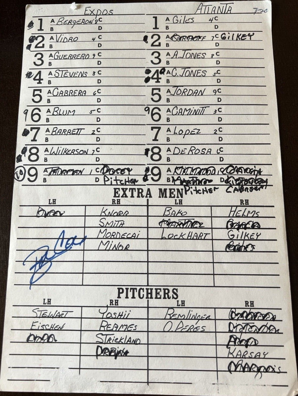 BOBBY COX MLB SIGNED GAME USED DUGOUT ROSTER EXPOS VS BRAVES