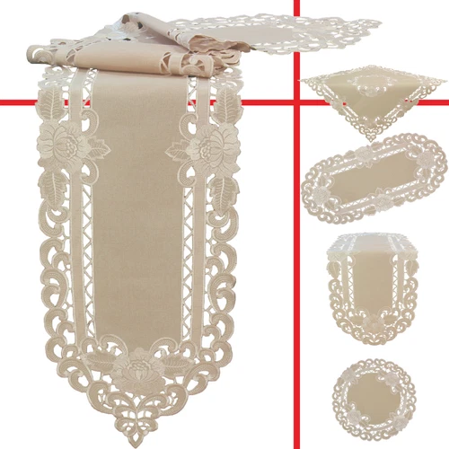 White Flower Open Embroidery Tablecloth Table runner Doily Linen-Look Beige
