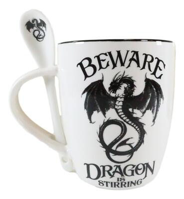 Ebros Altar Drake Beware Dragon Is Stirring Cocoa Tea Coffee Cup Mug &  Spoon Set | eBay