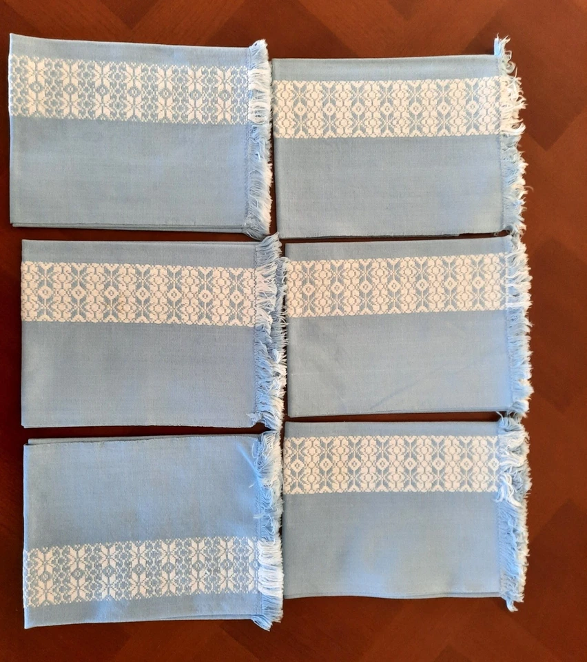 6 grandes serviettes de table Basques  bleues ciel et blanches à franges - Photo 2/4