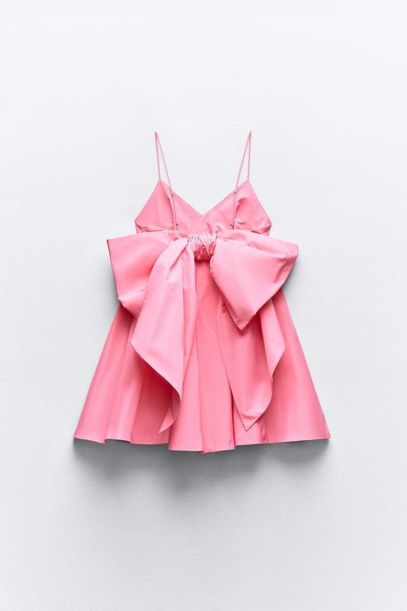 ZARA SS24 SHORT STRAPPY TAFFETA DRESS WITH BOW CHALK PINK