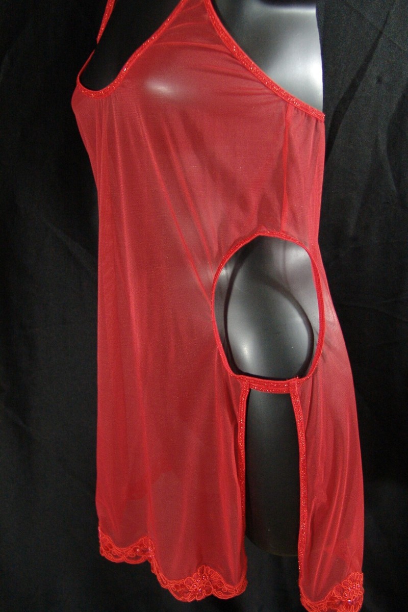 Victoria's Secret Slip Dress M red beaded lace hem open-side medium vtg-04 View 4