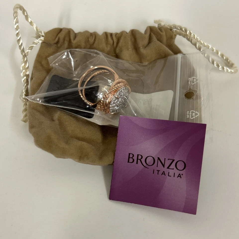Anillo Bronzo Italia Pavé Blanco Topacio Piedras Preciosas Cuerda Retorcida Rosa Bronce Talla 8 Foto 4 de 4