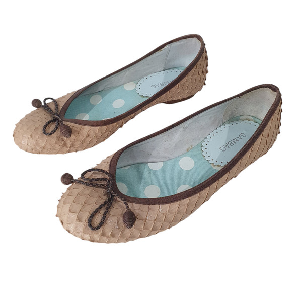 Sambag Size 36/5-5.5 Beige Brown Textured Snakeskin Leather Ballet Flats