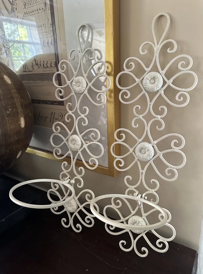 "Par de apliques metálicos de pared vintage portavelas casa granja crema 20""" Foto 3 de 4