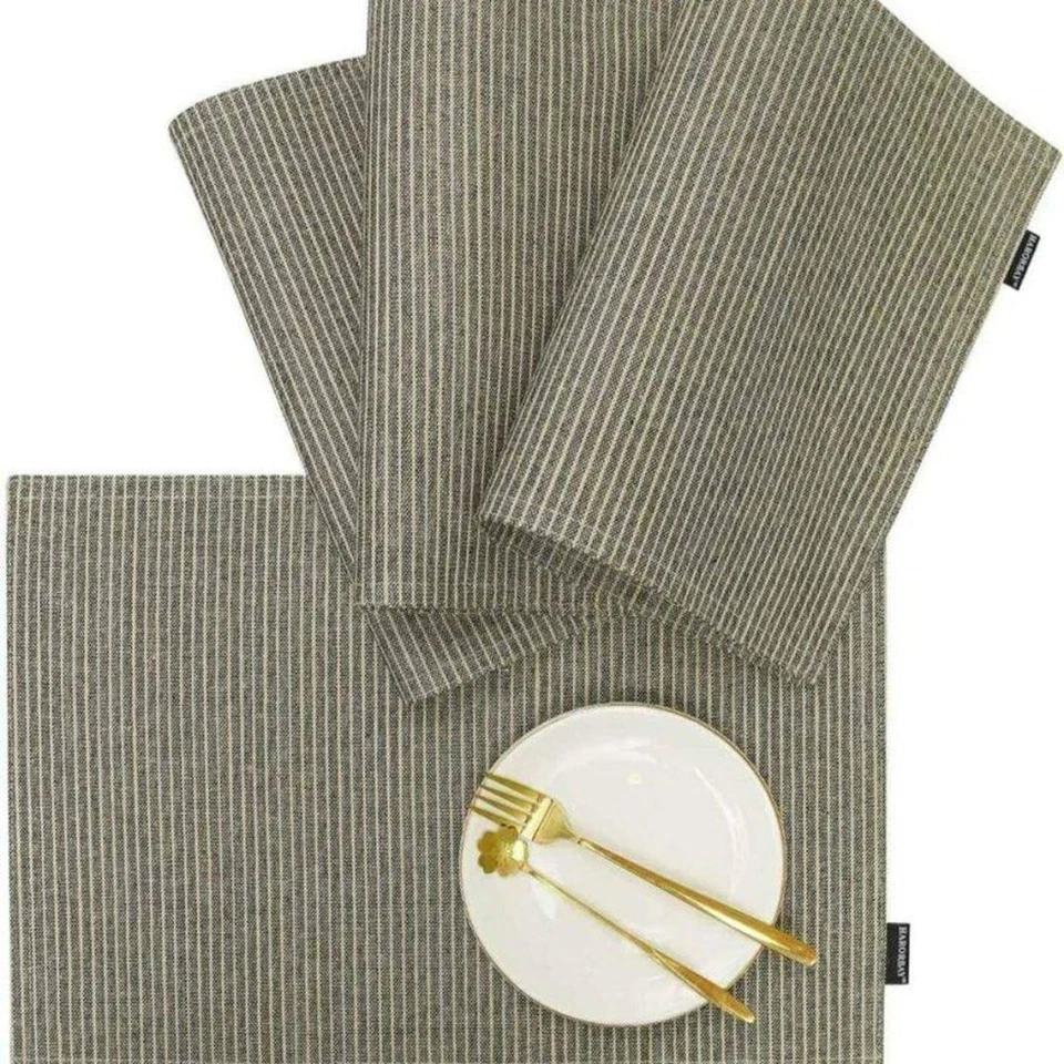 NEW HARORBAY GREY Striped Rustic 4pc Linen Placemat Set, REUSEABLE, WASHABLE - Image 3 of 4