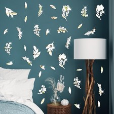 Floral Leaf Wall Stickers Decor Acrylic Mirror Stickers for Walls 3D Silver M...