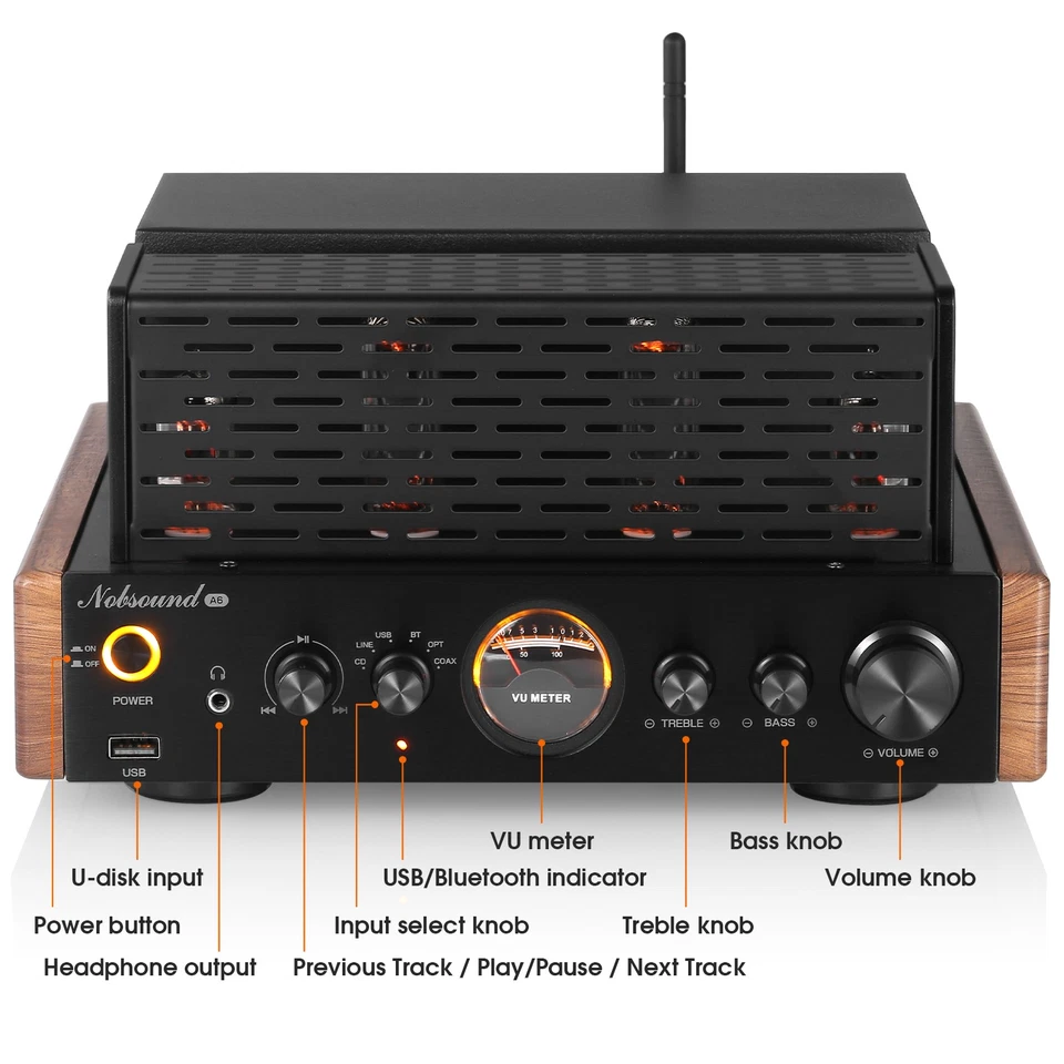 Nobsound HIFI Hybrid Tube Amplifier Bluetooth Stereo Amp w/ OPT/ COAX/ USB IN - Image 2 of 4