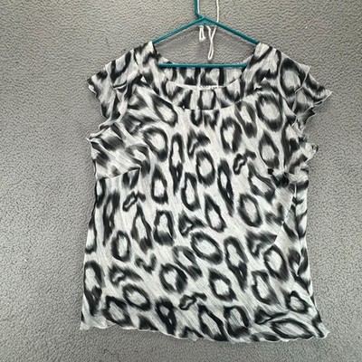 CATO Womens Short Sleeve Ruffle Top Black White Leopard Size 22/24W