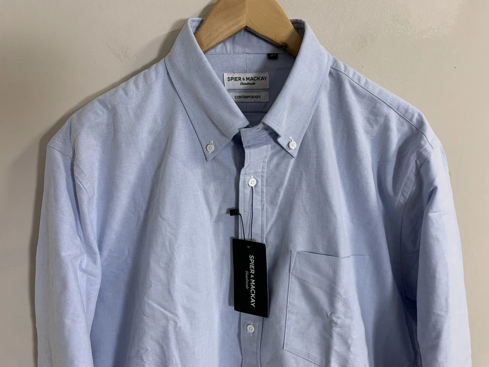 Camisa de vestir contemporánea Spier Mackay hecha a mano para hombre 17,5 azul Oxford con botones Foto 2 de 4