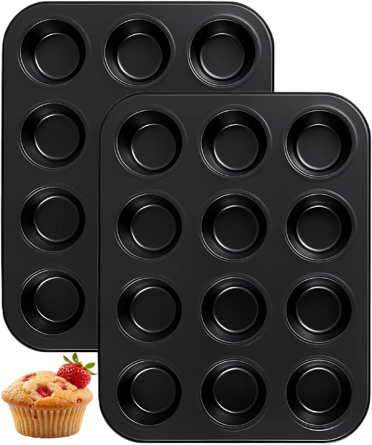 2 Pack Muffin Pan for Baking Nonstick 12 Cup Standard Carbon Steel Oven Safe