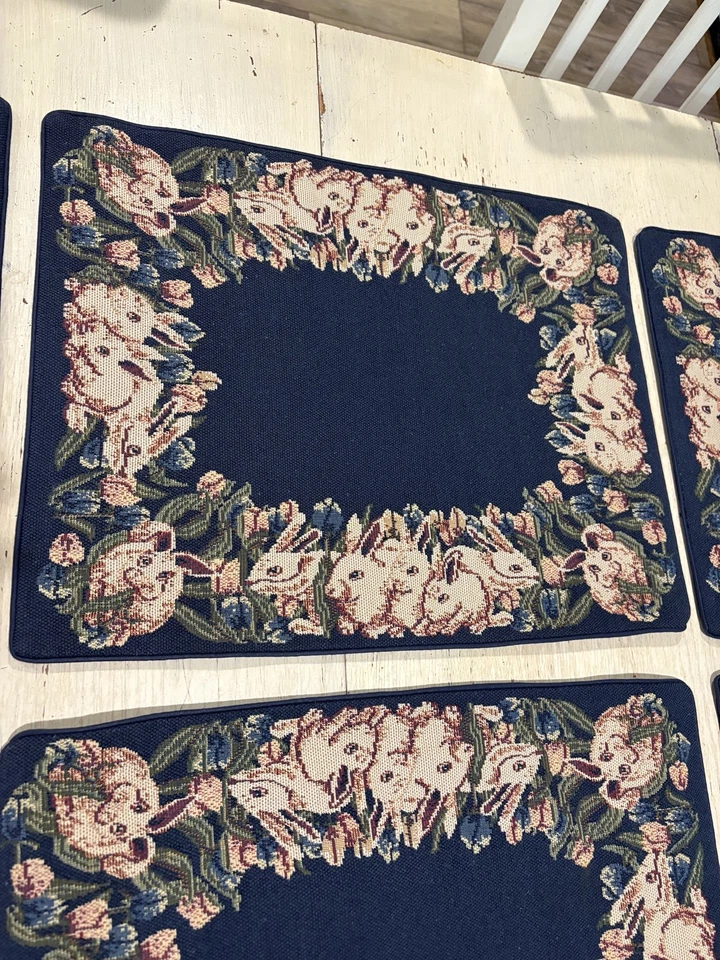 Juego de 6 manteles florales conejo tapiz azul primavera Pascua decoración de mesa Foto 4 de 4