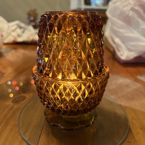 Vtg Indiana Glass Fairy Lamp Amber Diamond Point Candle Holder