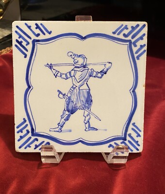Porceleyne Fles, Royal Delft Blue & White Tile dated 1966, man with sword