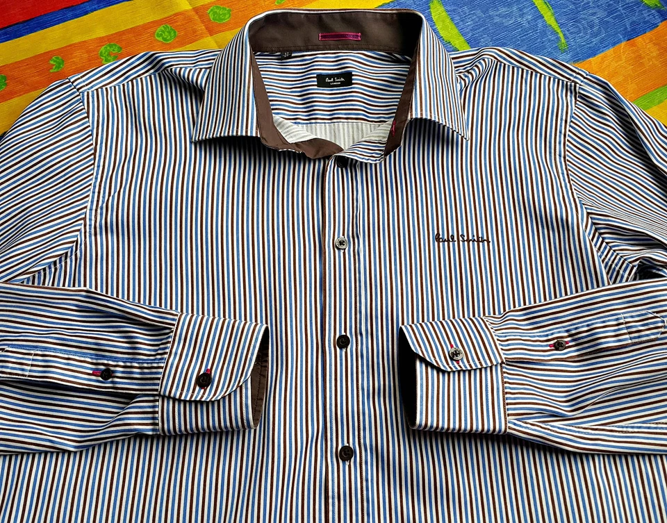 AUTHENTIC PAUL SMITH LONDON STRIPED BLUE BROWN MEN'S DRESS SHIRT SIZE US17 EU 43 - Image 4 of 4