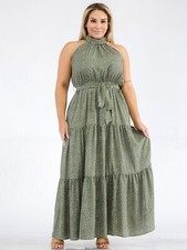 Womens Plus Size Green Maxi Dress 1XL Polka Dot Sleeveless Halter Neckline