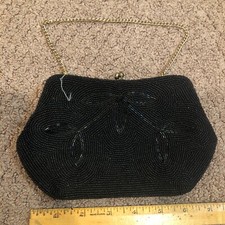 Vintage Richere Bag By Walborg Made in Japan BLACK Beaded fancy classy leaf gold