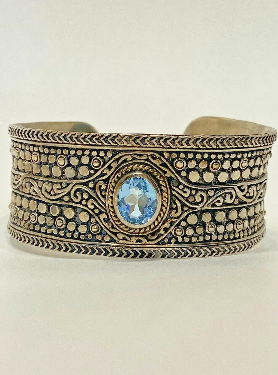Sterling Silver 14K Gold Cuff Bracelet W Blue Topaz Granulated Silver 102521