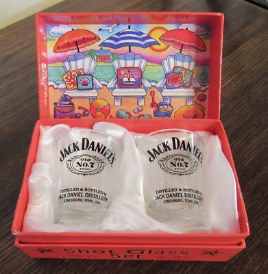 Set of 2 Jack Daniels Old #7 Brand Whiskey Shot Glasses in Display Box * Libby