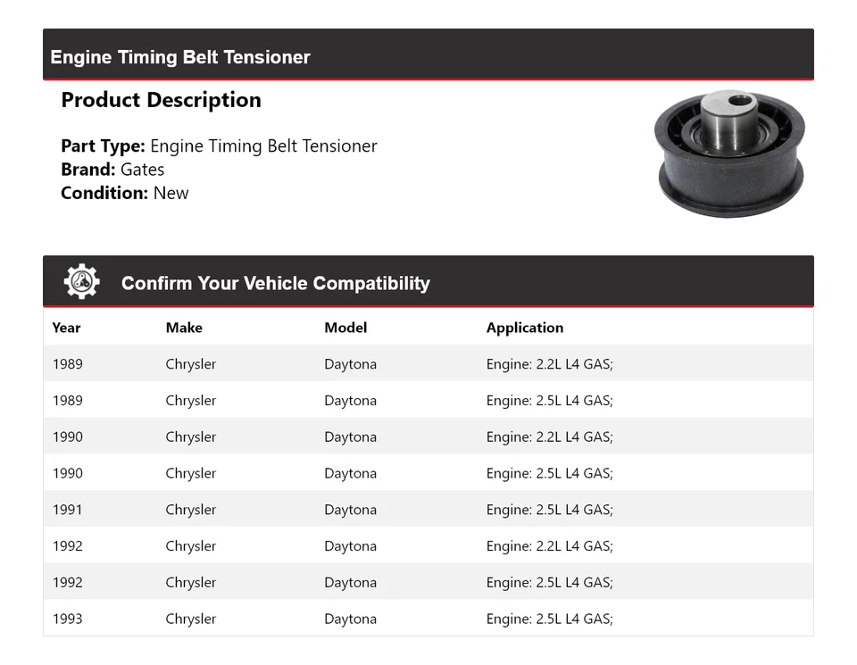 Tensor de correa de distribución para motor Chrysler Daytona 1989-1993 puertas 1990 1991 1992 Foto 2 de 4