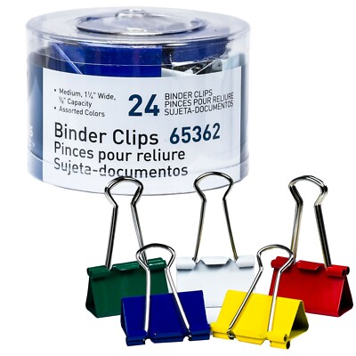 Business Source 65362 Medium Binder Clips, 1-1/4'' Wide, Asst Colors, Tub of 24