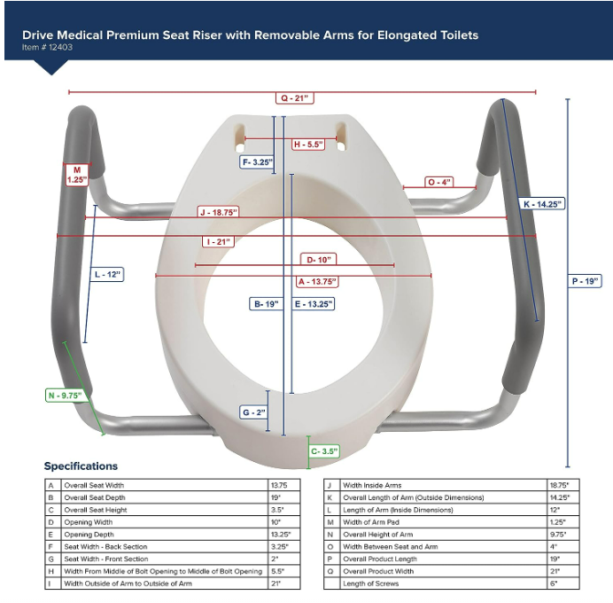 Drive Medical 3.5in Toilet Seat Riser w Removable Arms Elongated (12403